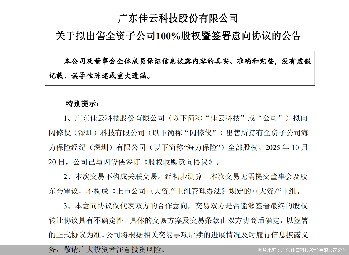 佳云科技：拟出售海力保险100%股权